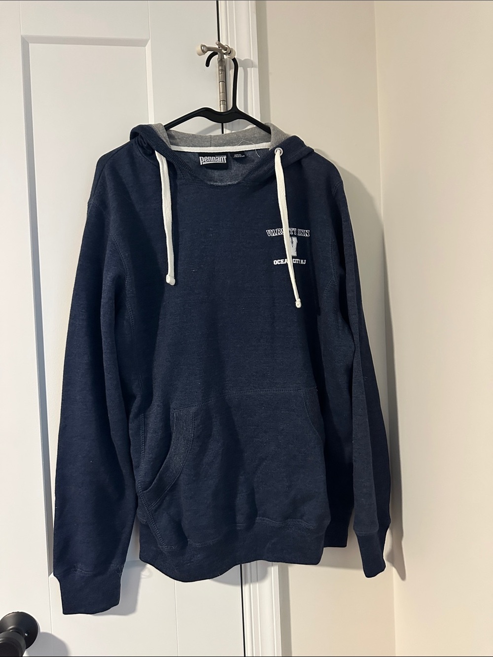 Pennant Navy Crewneck Hoodie with White Drawcords
